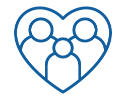 A blue outline of a heart shape enclosing three simplified human figures—two larger on either side of a smaller center figure—all connected, symbolizing a kids charity dedicated to supporting children.