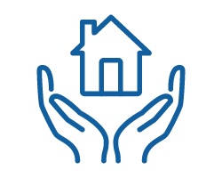 Blue outline illustration of two hands gently cupping a house, symbolizing care, protection, and support for homes or housing—perfect for nonprofits for children, kids charity programs, or charities for children. The background is light gray.