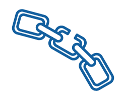 A blue outline drawing of a broken chain link, with two rectangular links separated in the middle, symbolizing disconnection or a break—ideal for representing challenges faced by charities for children.