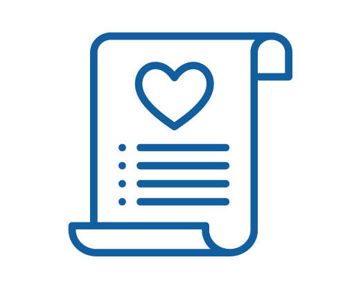 Blue outline icon of a rolled-up document with a heart symbol at the top and three lines of bullet points beneath it, representing a kids charity, on a light gray background.