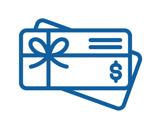 Blue line drawing of two gift cards, one in front featuring a bow and dollar sign, representing the idea of a kids charity gift card or voucher—perfect for supporting nonprofits for children.