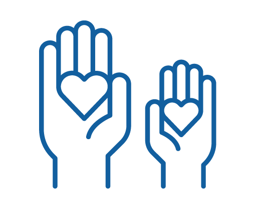 Two blue outline drawings of hands raised, one large and one small, each holding a heart in the center of the palm, symbolizing care and support—perfect for a kids charity or nonprofit for children.